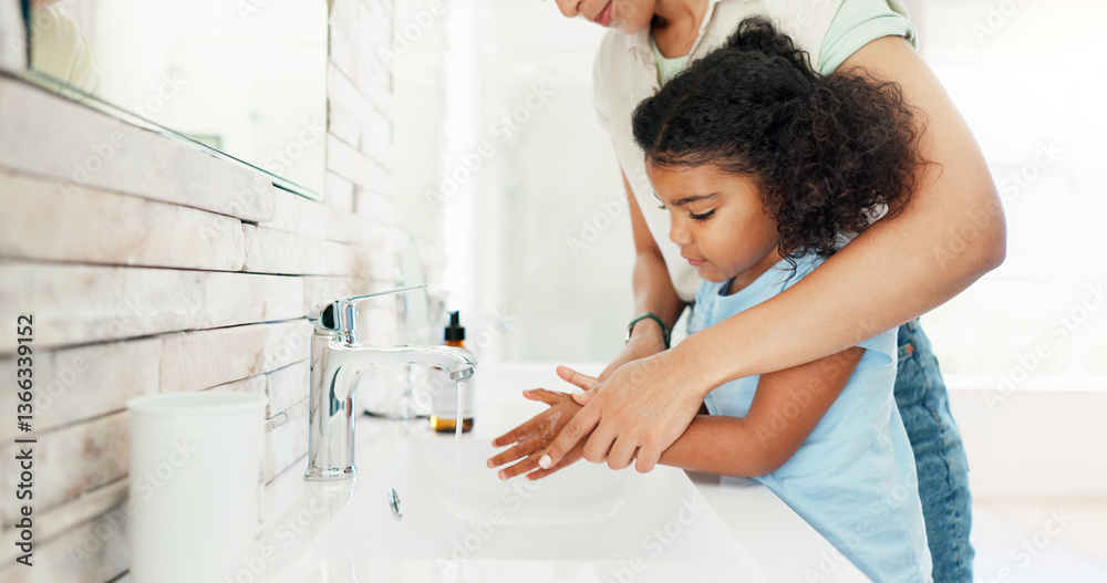 Washing hands, child and teaching with soap, faucet and helping with hygiene, care and bacteria in home. Mother, kid and cleaning with liquid, water or routine for wellness in morning at family house Washing hands, child and teaching with soap, faucet and helping with hygiene, care and bacteria in home. Mother, kid and cleaning with liquid, water or routine for wellness in morning at family house