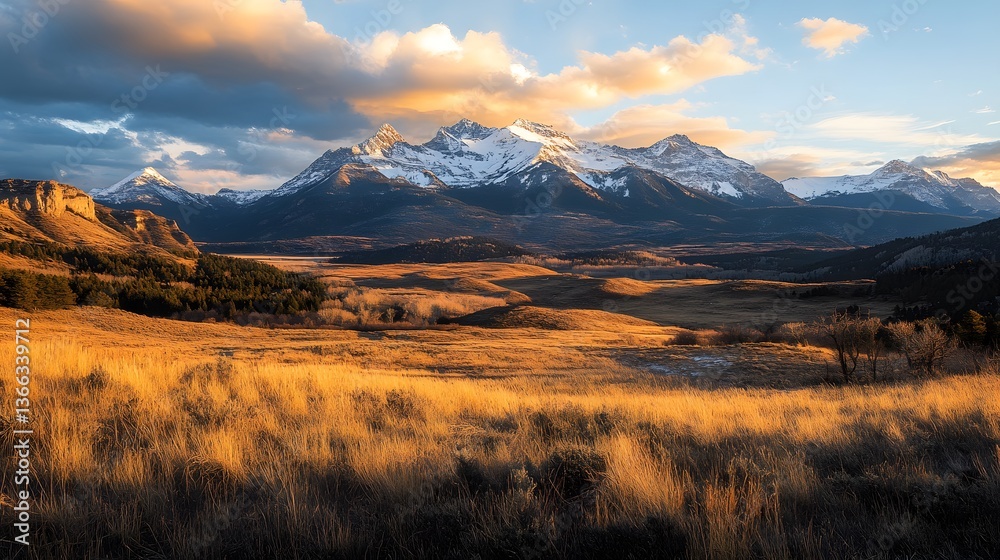 captivating landscape with majestic mountains, golden field. The mountains are covered with snow under a dynamic sky, presenting nature’s best captivating landscape with majestic mountains, golden field. The mountains are covered with snow under a dynamic sky, presenting nature’s best
