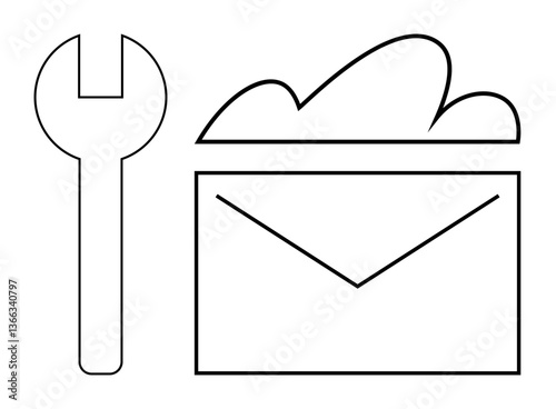 Wrench beside cloud over envelope hinting at email configuration, cloud storage, or IT services. Ideal for technology, email setup, cloud computing, maintenance, storage, IT tools digital workflow