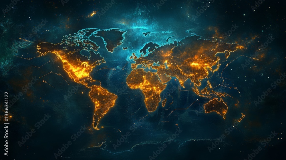 Obraz premium A vibrant digital representation of a world map with glowing orange city connections against a futuristic blue cosmic background, symbolizing technology, communication, and global data.. AI Generation