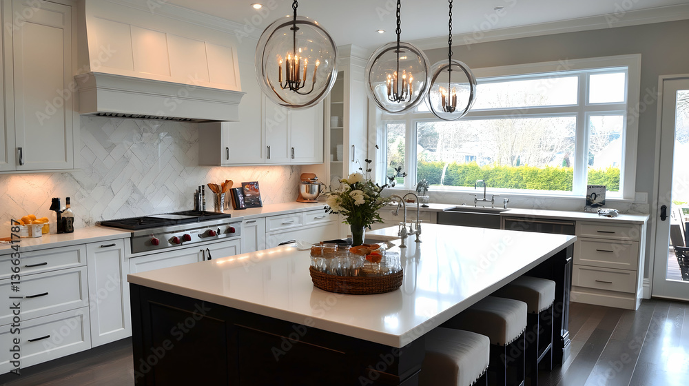 Fototapeta premium Clean White Kitchen Simple Cabinets Island