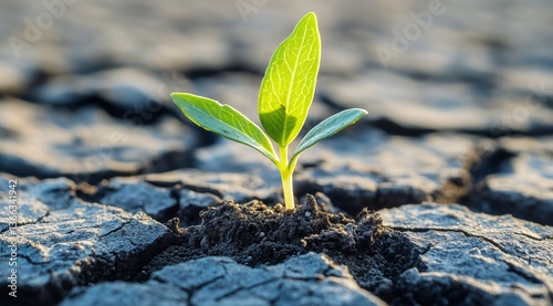 Green Plant Emerging From Dry Cracked Soil at Sunset Showcasing Resilience in...