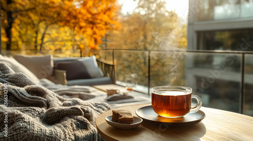 Clear cup of steaming tea on a table on a cozy wooden terrace with rustic wooden furniture, soft knitted blanket, and autumn trees in the background