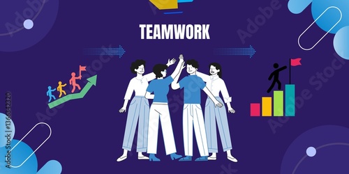 Business Teamwork Cooperation Partnership Concept Design on Blue Background Illustration Vector. Professional Team Work Business Banner Template
