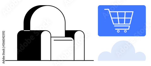 Armchair with sleek modern design next to blue shopping cart icon and cloud. Ideal for furniture shopping, e-commerce, online retail, digital storage, cloud computing, modern design, minimalistic