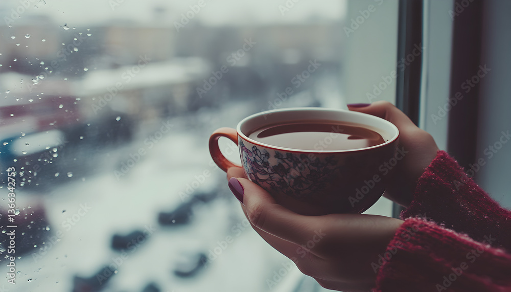 Obraz premium Woman Holding Tea Cup By Window In Winter
