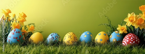 Colorful Decorated Eggs Resting on Grass Surrounded by Blooming Flowers Durin...