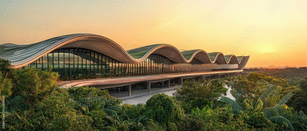Fototapeta premium Modern architectural building with wavy roof design surrounded by greenery at sunset