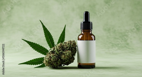 CBD Oil Bottle Mockup with Cannabis Bud and Leaf: Blank Label for Your Brand