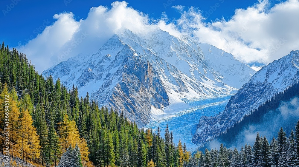 Fototapeta premium Majestic Mountain Range with Glacier and Lush Forest