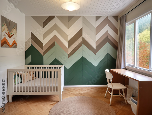 Small nursery with geometric accents and wooden wall panelling in forest colors, light wood and neutral. Wall panels in kids room. Geometric walls.