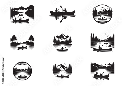 Lake canoeing silhouette vector Set