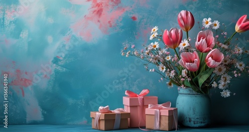 Colorful Spring Bouquet With Gifts Placed on a Teal Background