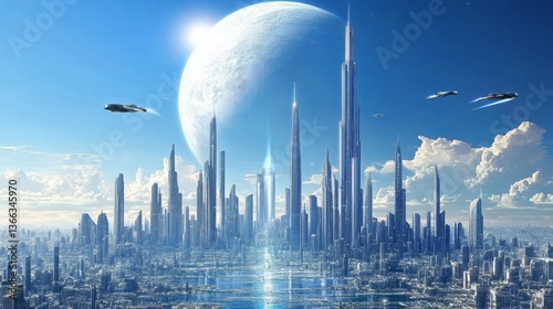 A stunning futuristic megacity skyline features towering skyscrapers and a massive glowing planet looming in the background, creating an epic sci-fi atmosphere.. AI Generation