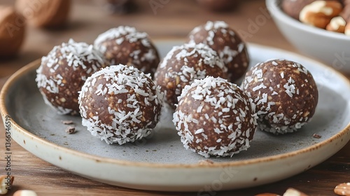 Close-up view of a plate filled with delicious and tempting chocolate balls, adorned with delicate coconut flakes