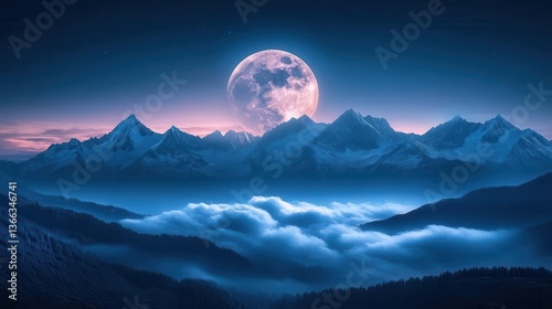 Majestic Moonlit Landscape Over Snow-Capped Mountains and Misty Clouds at Night