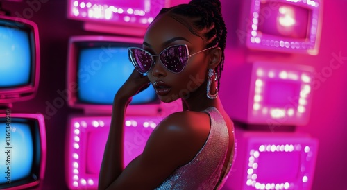 Fashion Model Poses Confidently in Stylish Outfit With Retro Television Backdrop
