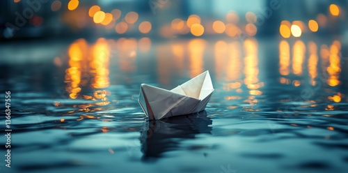 Small Paper Boat Floating on a Calm Water Surface During Twilight in an Urban...