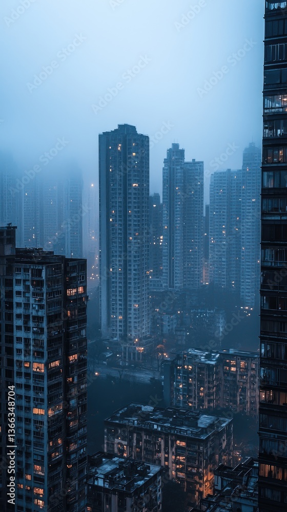 Foggy city skyscrapers at night, urban landscape, atmospheric mood, website banner Foggy city skyscrapers at night, urban landscape, atmospheric mood, website banner