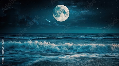 Moonlit Ocean Waves Under a Starry Night Sky Creating a Serene Coastal Atmosphere