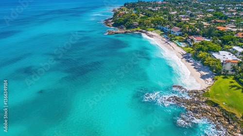 Coastal Paradise: An aerial view showcasing a serene coastal landscape. Turquoise waters meet sandy beaches, adjacent to lush greenery and charming properties.