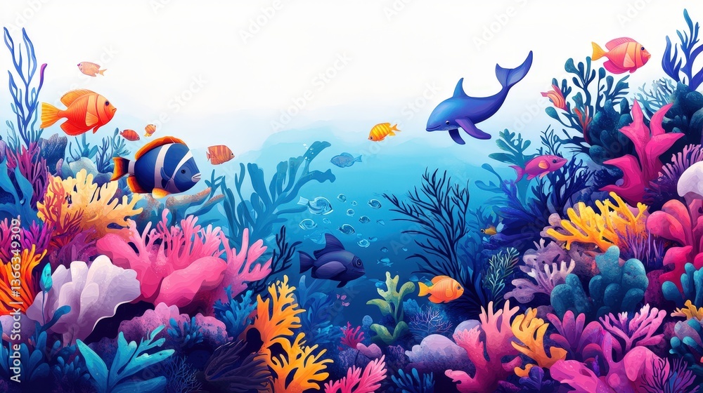Fototapeta premium Ocean Symphony: An animated underwater panorama, teeming with vibrant marine life amidst a lively coral reef, exuding a sense of wonder and the colorful life of the ocean.