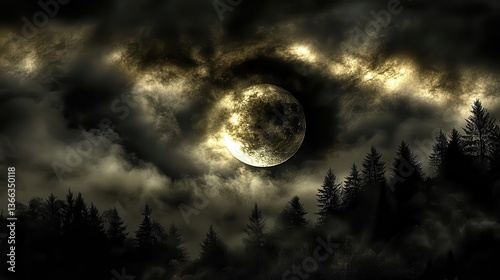 Mysterious Moon Rising Behind Dark Clouds Over Silhouette of Trees in a Night Sky