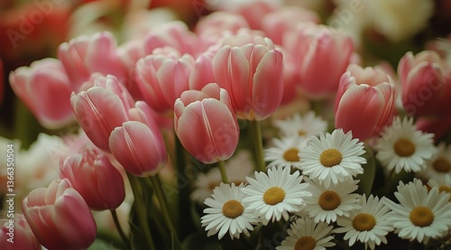 Colorful Flower Arrangement Featuring Pink Tulips and White Daisies in Soft N...