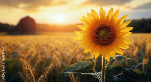 Sunflower Blooms in Golden Light With Barn Backdrop at Sunset Near a Wheat Field