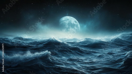 Mysterious Ocean Waves Under Moonlight Creating a Serene and Atmospheric Nighttime Scene