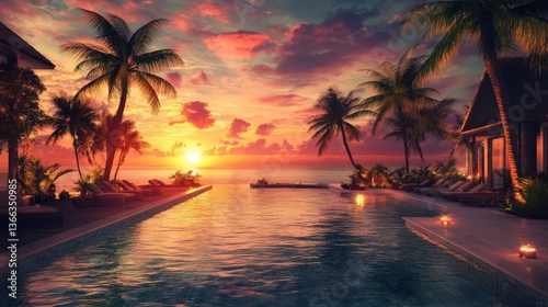Tropical Sunset Paradise: The sun dips below the horizon, casting a warm glow over a tranquil beachfront resort featuring a pool, palm trees, and stunning ocean views.