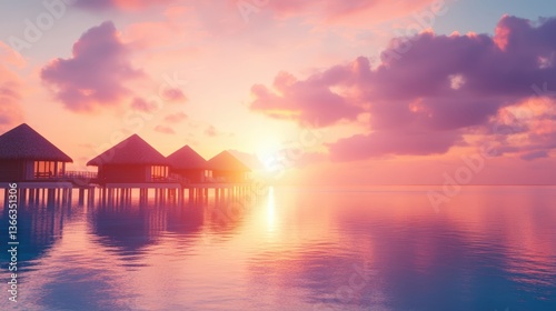Golden Hour on Paradise: Overwater bungalows stand serene on calm waters as the sun sets, casting a warm glow over a tranquil, idyllic scene, inspiring dreams of escape.