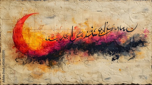 Arabic calligraphy painting, crescent moon, textured background