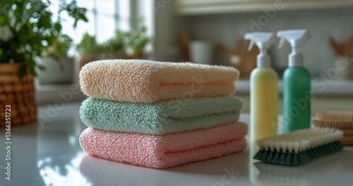 Soft Towels Neatly Stacked in a Well-Lit Kitchen on a Marble Countertop Durin...