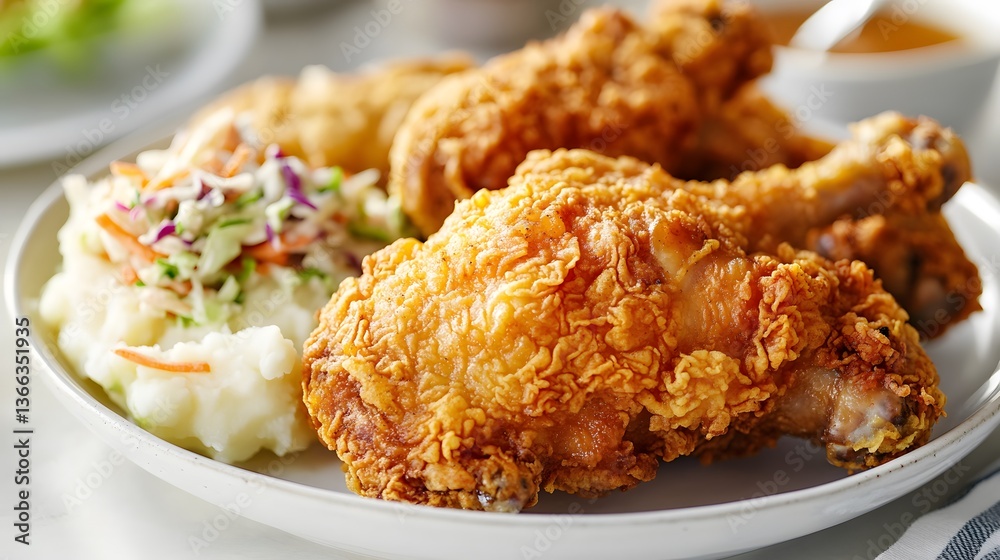 A delicious fried chicken meal, with sides of mashed potatoes and coleslaw. This dish is presented on a plate A delicious fried chicken meal, with sides of mashed potatoes and coleslaw. This dish is presented on a plate
