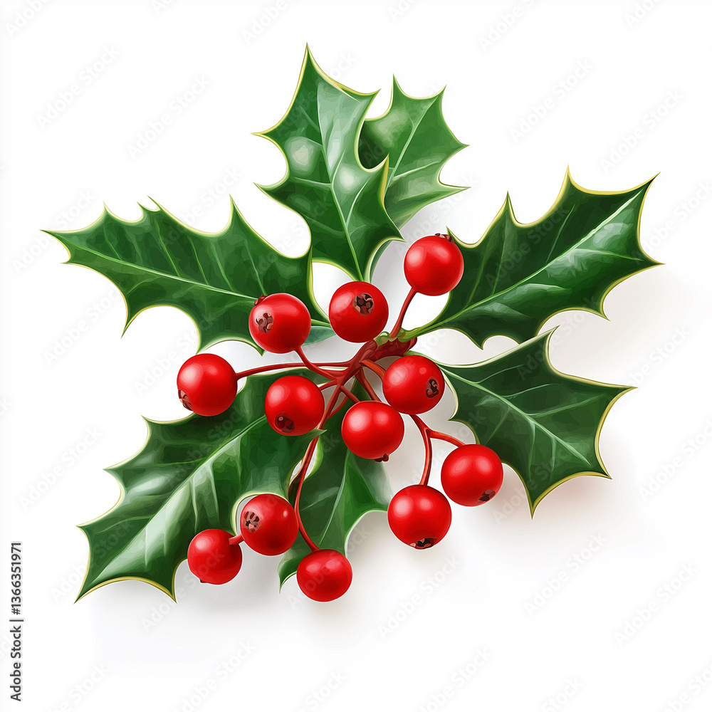 red holly berries with green leaves bunch, Isolated on white Background. red holly berries with green leaves bunch, Isolated on white Background.