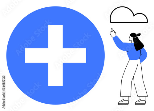 Large blue medical plus symbol and woman pointing toward cloud overhead. Ideal for healthcare, connection, technology, teamwork, inspiration, innovation, flat simple metaphor