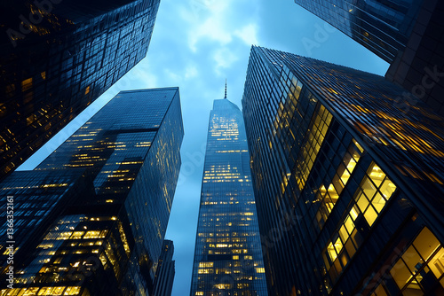 Wallpaper Mural Skyscrapers in the evening with illuminated windows and blue sky Torontodigital.ca