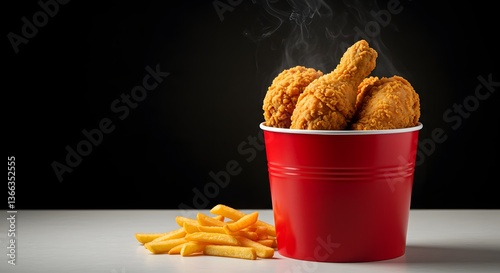 Fried chicken in a pure red bucket with French fries on an empty white table, isolated on a black background with copy space