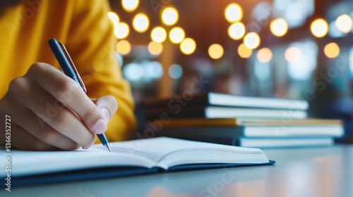 Focused Student Writing in a Classroom with Textbooks Nearby photo