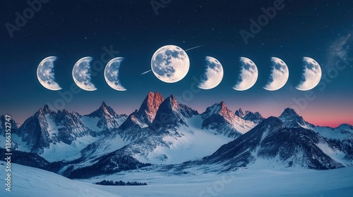 Phases of the Moon Over Majestic Snow-Capped Mountains Under a Starry Night Sky