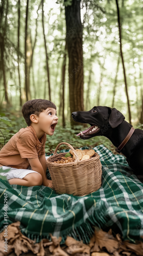 Playful boy with mouth open laughing while playing with his dog during a picnic in the park outdoors, enjoying the environment and childhood in nature with his pet