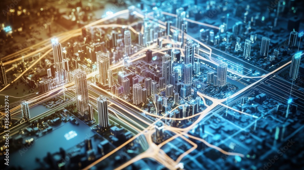 Fototapeta premium An AI powered system optimizing urban planning by analyzing real time demographic data and city infrastructure, futuristic AI-driven urban platform, Smart city planning style