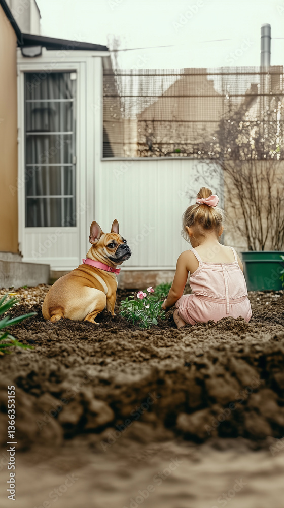 Girl in pink attire planting a seedling alongside her dog in her home garden, nurturing the environment with the companionship of her pet