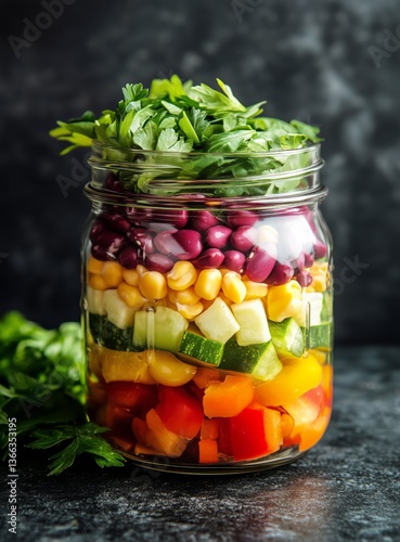 Colorful Vegetable Salad in Jar With Layers of Fresh Ingredients Ready for Se...