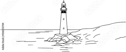 Outline of a lighthouse on a rocky shore minimal coastal travel vector design.