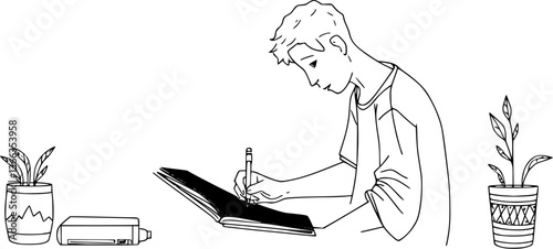 Outline of a person writing in a journal minimal creativity and self-improvement vector design