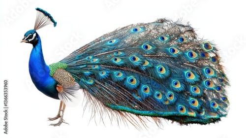 Stunning isolated image of a peacock with its tail fully open displaying vibrant colors on a white background