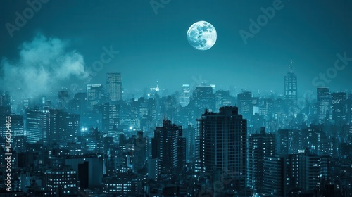 Wallpaper Mural Nighttime City Skyline with Illuminated Buildings Under Full Moon in Cool Blue Tones Torontodigital.ca