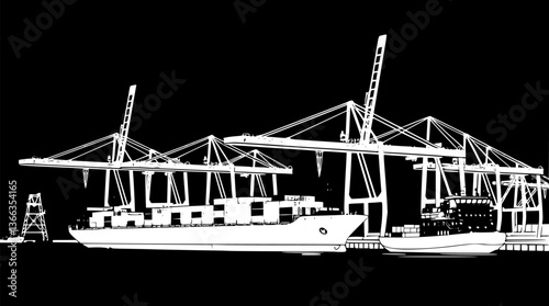 Outline of a cargo port with cranes and containers minimal industrial logistics vector design